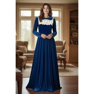 VTG Gunne Sax Jessica McClintock Blue Velvet Dress Women's 3 Cottagecore Prairie